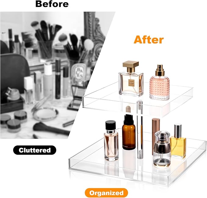 2-Tier Acrylic Perfume Organizer Clear Cosmetic Storage Tray for Dresser & Countertop Sturdy Perfume Display Stand with Non-Slip Base, Multi-Purpose Makeup Jewelry Holder