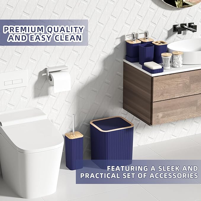 XLHOMO Bathroom Accessories Set - Elegant Blue Bathroom Set, 10PC Bathroom Accessory Set, Toilet Brush, Trash Can, Qtip Holder Dispenser & Soap Dispenser