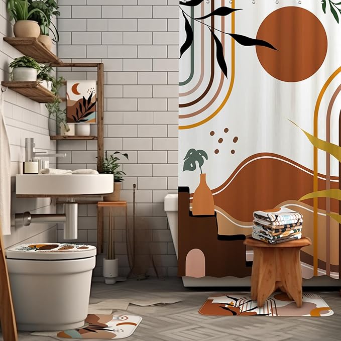 Tatuo 8 Pcs Mid Century Shower Curtain Set Boho Theme Bathroom Accessories Sets Decor Minimalist Modern Waterproof Shower Curtain with Towels Carpet Bath Mat Toilet Rugs and 12 Hooks