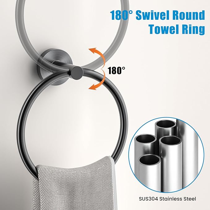 Matte Black 5 Piece Bathroom Hardware Set, SUS304 Stainless Steel Bath Towel Bar Set, 24 Inch Round Bathroom Accessories Kit Wall Mounted, Minimalist Design for All Bathrooms (Matte Black)