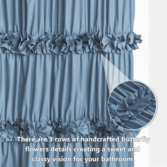 Dusty Blue Ruffle Shower Curtain, Vintage Handcrafted Bow Tie Bath Curtain for Master Bathroom, Ruched Microfiber Bathroom Curtain with 12 Buttonholes, 72" W x 72" H (LQ-10)
