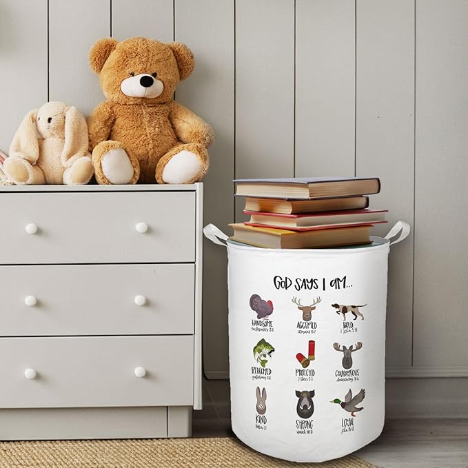 God Says I Am Hunting Nursery Laundry Basket, Toybox for Boys Girls Room, Christian Laundry Basket Hamper Waterproof Collapsible Clothes Toys Storage Bin Organizer for Bedroom Bathroom Kids Room