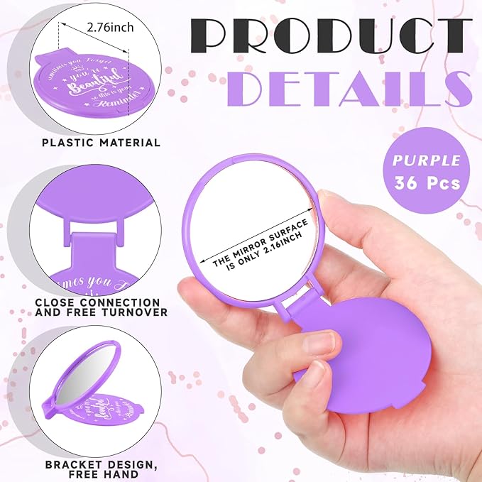36 Pcs 2.76 Inch Inspirational Compact Mirror Bulk Women Small Gifts Graduation Party Favors Purse Mirror Pocket Mini Stuffer Items for Adult Coworker Cheerleader Employee (Purple)