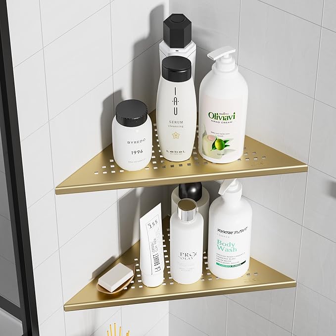 Qeke Corner Shower Shelves, 10” Recessed Tile Shower Shelf Brushed Golden, 304 Stainless Steel Grout in Corner Tile Shower Shelves, No Drilling, 2 Pack