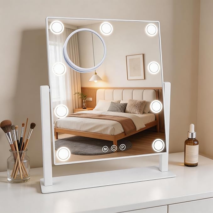 Lighted Makeup Mirror, Hollywood Vanity Mirror with 9 LED Bulbs, 3 Color Lights, and Detachable 10X Magnification Mirror, 1200mAh Rechargeable, Touch Control, 360°Rotation, White 14.05" * 12"