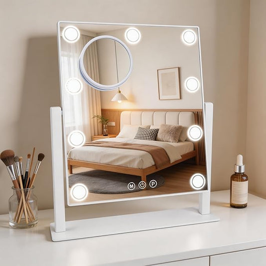 Lighted Makeup Mirror, Hollywood Vanity Mirror with 9 LED Bulbs, 3 Color Lights, and Detachable 10X Magnification Mirror, 1200mAh Rechargeable, Touch Control, 360°Rotation, White 14.05" * 12"