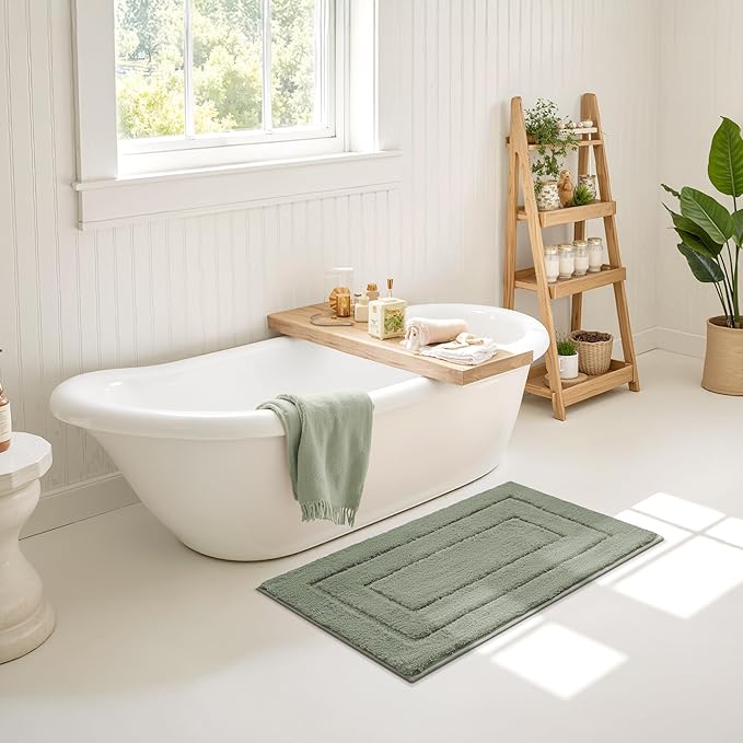 GRANNY SAYS Bathroom Rugs and Mats, 16" x 24" Non-Slip Bath Mat for Bathroom, Super Soft Absorbent Microfiber Bath Rug, Machine Washable and Dry, Small Light Green Rug for Shower, Tub and Bath Floor