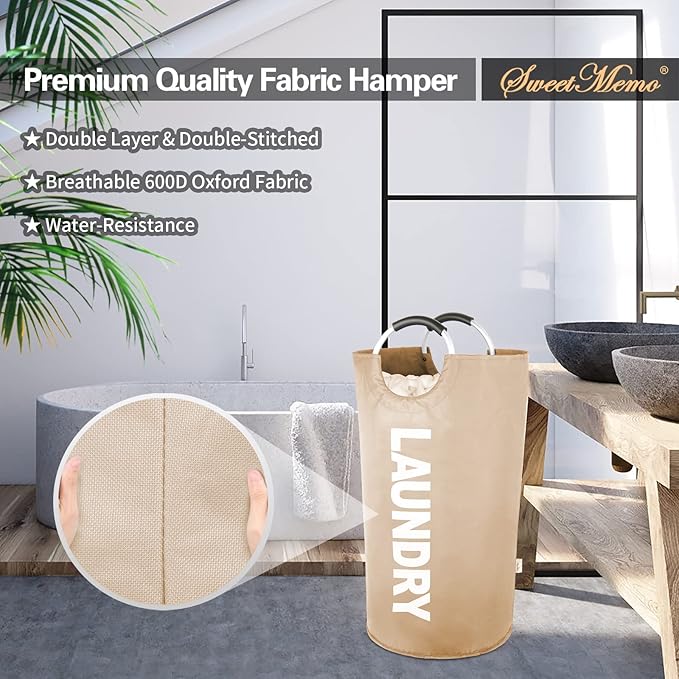 115L Large Laundry Basket with Handles, Collapsible Laundry Hamper Bag, Tall Freestanding Dirty Clothes Hampers, Foldable Fabric Laundry Bin for Laundry, Dorm, College (Khaki, XL)