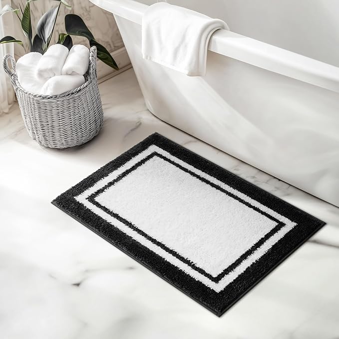GRANNY SAYS Microfiber Bathroom Rugs Non Slip Washable, Water Absorbent Bathrooms Mats for Tub Non Slip, Soft Bath Mats for Floor & Shower, Long Bathroom Rug, 20" x 32", Black Bath Rug