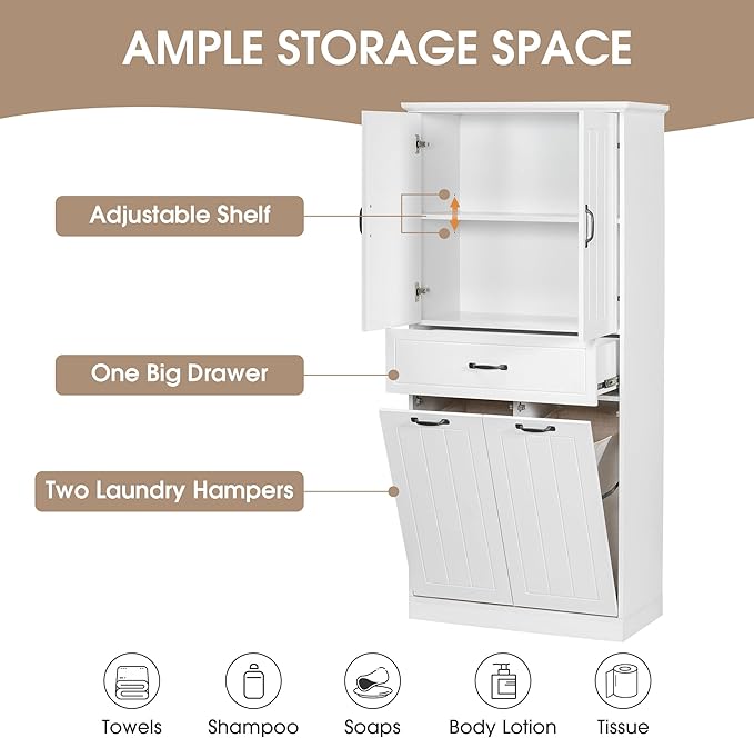 Virubi Tall Bathroom Storage Cabinet with 2 Tilt Out Laundry Hamper, Wood Bathroom Laundry Cabinet with Doors and Drawer for Home, Laundry Baskets, Adjustable Shelves, Freestanding