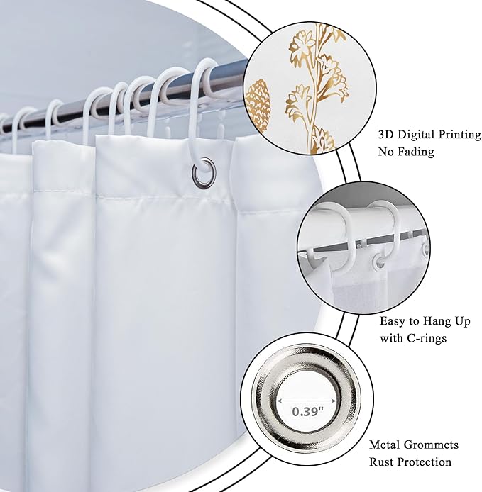 Riyidecor Vintage White Gold Floral Wildflower 4Pcs Bathroom Shower Curtain Sets Rustic Leaves Bathroom Decor Set with Rugs and Accessories Botanical Toilet Lid Rug, Contour and Bath Mat with 12 Hooks