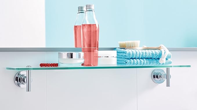 tesa LUUP Glass Bathroom Shelf - No Drill Shelf Made of Satined Glass and Chrome-Plated Metal - Stainless - Waterproof - Includes Removable Adhesive Solution