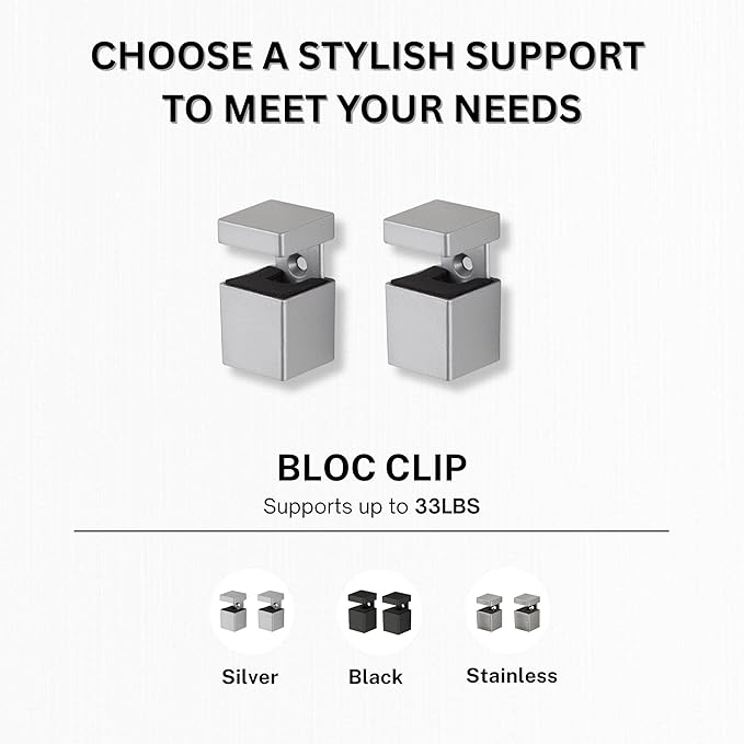Glass Shelves - Tempered Safety Glass Shelves for Bathroom, Choose Over 20 Shelf Brackets and Multiple Shelf Sizes - Bloc Style - 31.5 x 7.9 in - Silver Clip