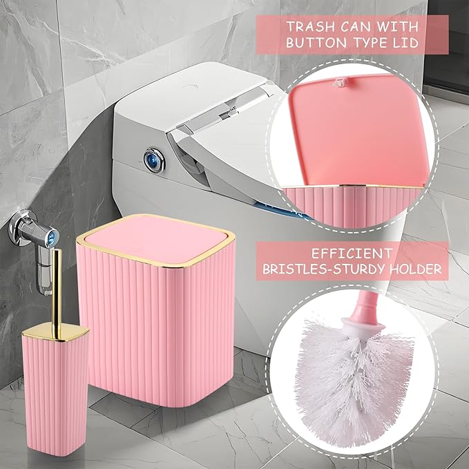 XLHOMO Bathroom Set with Shower Curtain and Rugs- 25PC Bathroom Accessory Set, Pink Bathroom Set, Toilet Brush, Trash Can, Qtip Holder & Soap Dispenser