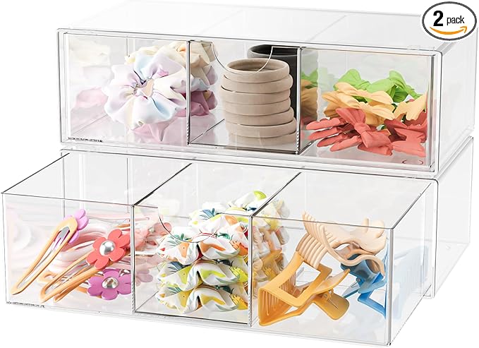 Hair Accessories Organizer for Girls, Clear Hair Bow Tie Clip Scrunchie Holder Organizer with Removable Divider, Cute Small Stackable Storage Drawer Container Caddy Box, Women Vanity Accessories, 2Pcs