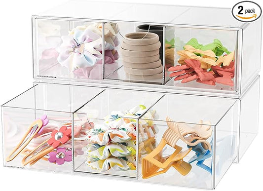 Hair Accessories Organizer for Girls, Clear Hair Bow Tie Clip Scrunchie Holder Organizer with Removable Divider, Cute Small Stackable Storage Drawer Container Caddy Box, Women Vanity Accessories, 2Pcs