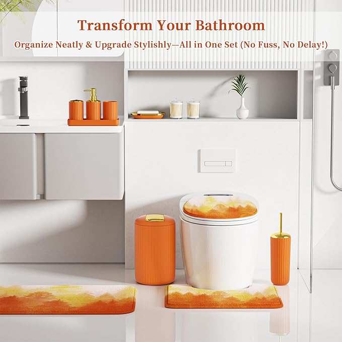 Orange and Gold Bathroom Accessories, Bathroom Sets with Shower Curtain and Rugs, Bath Rugs Accessory Set with Bathroom Trash Can, Soap Dispenser, Soap Dish for Home Decor