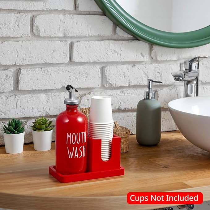 Glass Mouthwash Dispenser for Bathroom, 16 OZ Mouthwash Dispenser with Pour Spout and Wood Cup Holder and Tray, Mouth Wash Bottle Container, Red Kitchen Bathroom Decor and Accessories