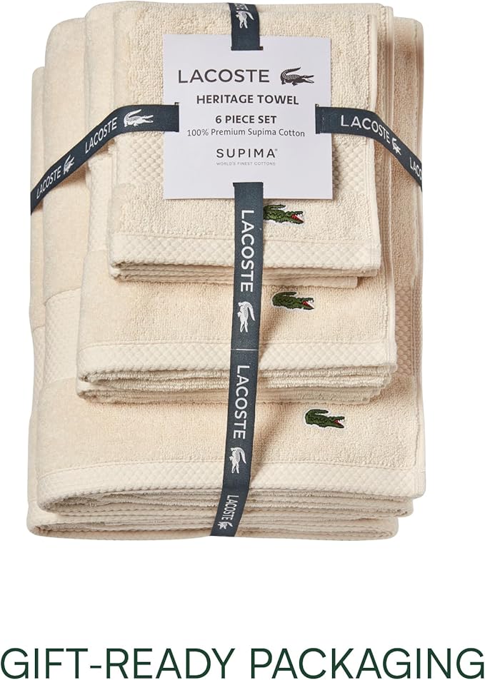 Lacoste Heritage Anti-Microbial Supima Cotton 6-Piece Towel Set, 2 Bath Towels, 2 Hand Towels, 2 Washcloths, Chalk – Highly Absorbent & Quick Drying, Bathroom Essential, Machine Washable