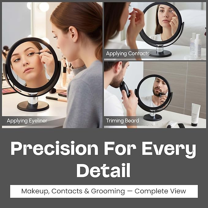 Danielle Creations Round Soft Touch Vanity Mirror Black & Silver, 1x/10x Magnification, Dual Sided Makeup Mirror, Compact Tabletop Cosmetic Mirror, 7.48 x 3.94 x 9.06 Inches