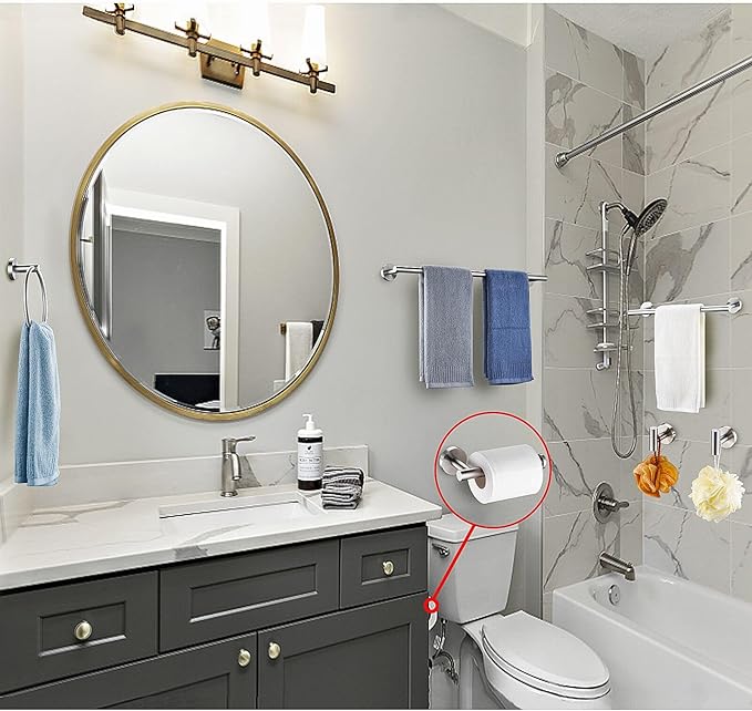 6 Pieces Brushed Nickel Bathroom Hardware Accessories Set Hand Towel Ring 16&23.6 inch Round Towel Bar Silver Toilet Paper Holder Towel Hooks 2 Pieces SUS 304 Stainless Steel,Heavy Duty,Wall Mounted