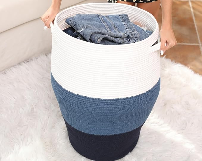 26"x20" Handcrafted Tall Cotton Rope Basket with Lid, Stylish Flagon Shape with Cover, Clothes Hamper with Top, for Bedroom and Living Room, Dark Blue/Deep Blue
