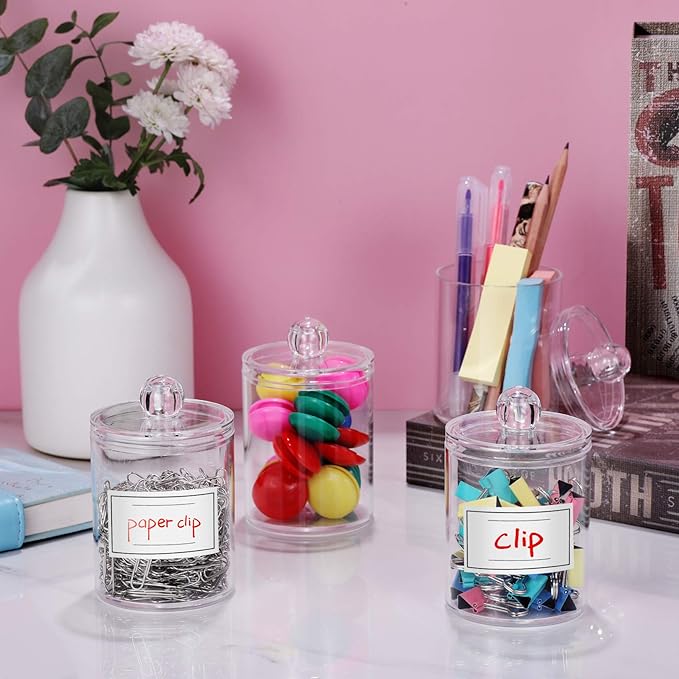 2 Pack Acrylic Qtip Holder Dispenser for Cotton Swabs, Balls, Pads, Floss Picks- Small Clear Plastic Canister Apothecary Jar Set, Bathroom Essentials Accessories Decor, Vanity Makeup Storage Organizer