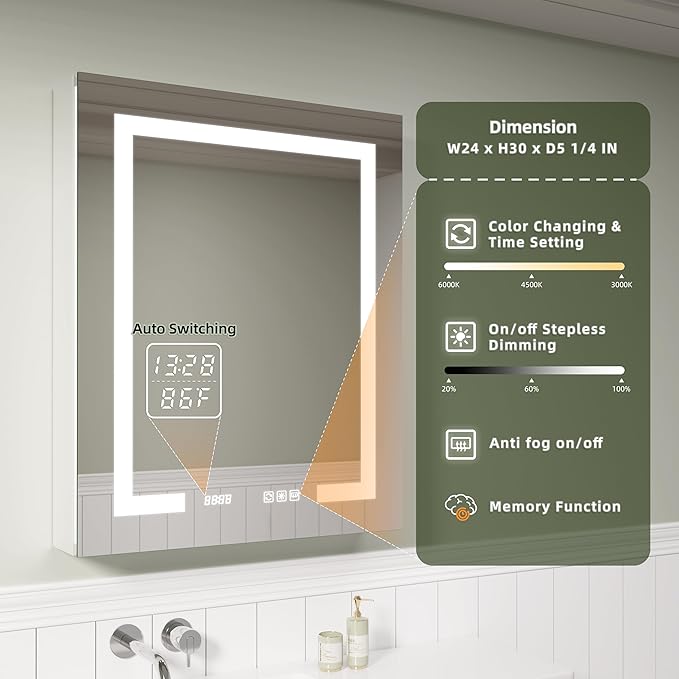 LED Medicine Cabinet Mirror, 24x30 Inch Bathroom Storage, Recessed/Wall Mount, Plug-in/Hardwired, 3 Color Dimmable Light, Anti-Fog, Time Temp Display, Right Hinge