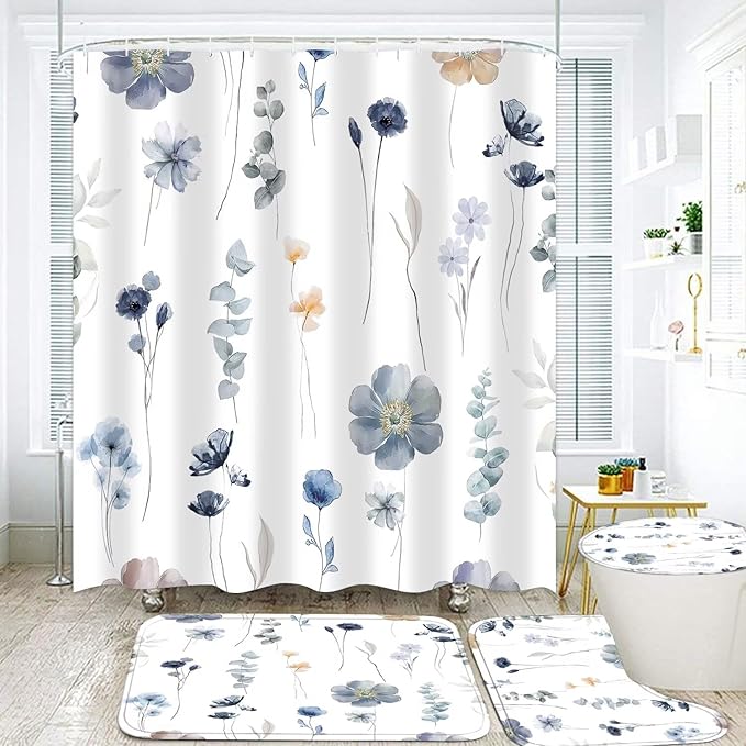 DDQQ 4Pcs Flower Shower Curtain Set with Floral Bathroom Sets, Blue Floral Shower Curtain with 12 Hooks, Bathroom Decor with Rugs Bath Accessories with Shower Curtains for Bathroom Toilet Lid Cover
