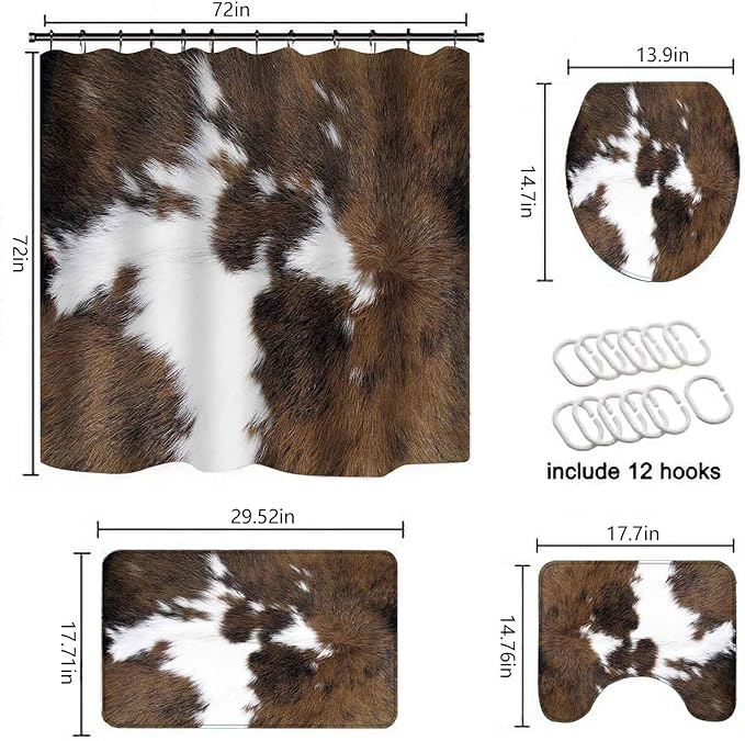 TOMWISH Western Bathroom Shower Curtain Set,Cowhide Print Bathroom Rug Shower Curtain Toilet Lid Cover and Bath Mat Farmhouse Brown Animal Print Bath Accessories Décor with 12pcs Hooks