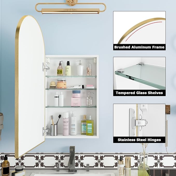 FKWin Arched Gold Bathroom Medicine Cabinet with Mirror, Left or Right Opening, Bathroom Mirror with Storage, Surface Mount Medicine Cabinet not Recessed, Gold, 15.7x31.5 inch