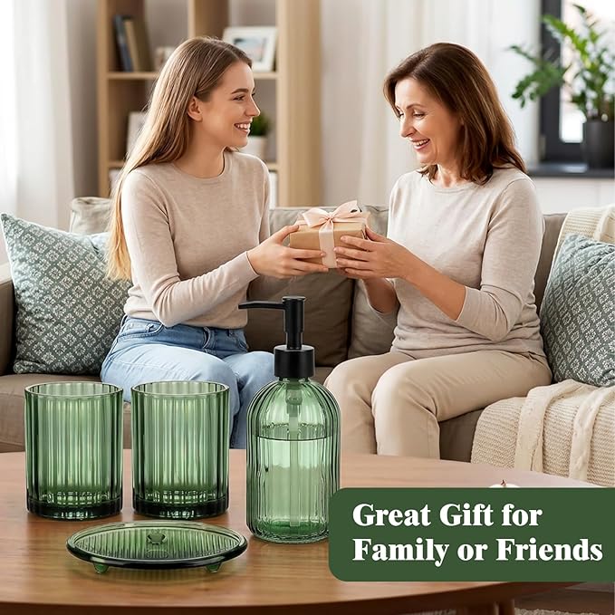 Topsky 4 Pcs Glass Bathroom Accessories Set,13.5oz Liquid Hand Soap Dispenser with Toothbrush Holder,Mouthwash Cup,Soap Dish for Bathroom Countertop,Vertical Stripe Design,Heavy Weight,Army Green