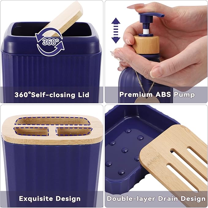 XLHOMO 32PCS Bathroom Sets with Shower Curtain and Rugs Navy Blue Shower Curtain Set 3PCS Soap Dispenser Bathroom Accessories with Bathroom Trash Can