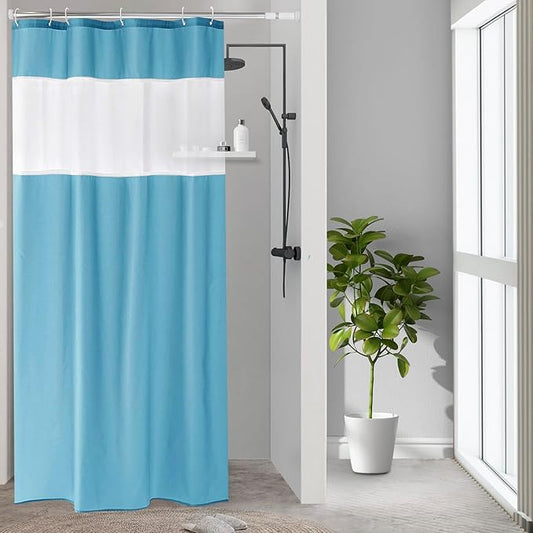 UFRIDAY 36x72 Inch Stall Shower Curtain with Mesh Window,Soft Fabric Solid Bathroom Curtain with Hooks, Weighted Hem, Heavy Duty, Water Repellent, Light Blue