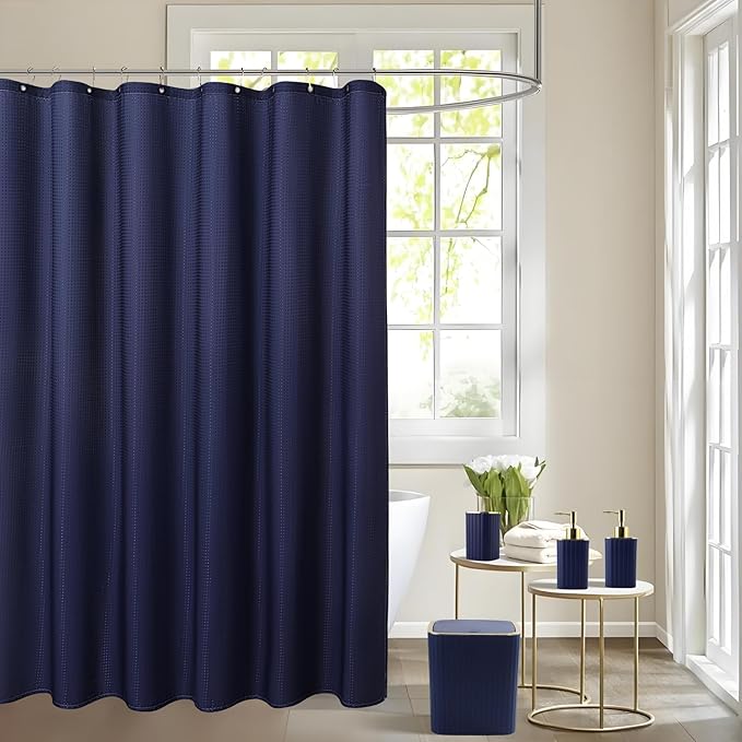 XLHOMO Bathroom Set with Shower Curtain and Rugs- 25PC Blue Bathroom Accessory Set, Navy Blue Shower Curtain Set, Toilet Brush, Trash Can, Qtip Holder & Soap Dispenser