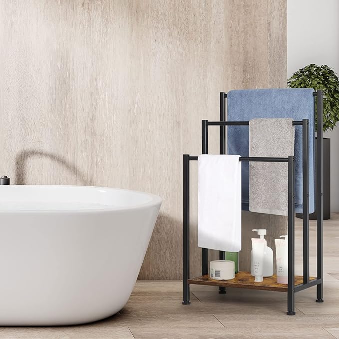 Towel Rack Freestanding, Standing Towel Rack for Bathroom, 3 Tier Towel Rack Stand, Freestanding Towel Holder Floor, Metal Towel Bar Stand, Blanket Rack Stand for Bedroom, Rustic Brown