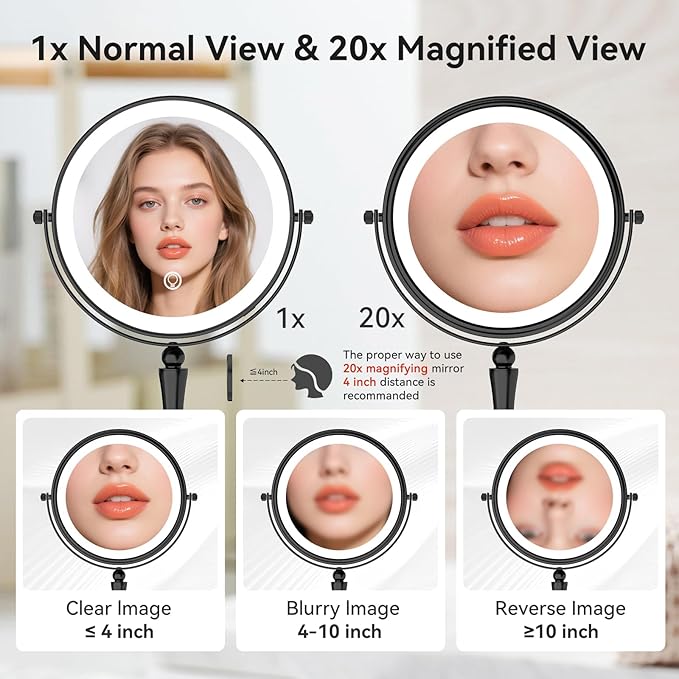 GURUN 8-inch Makeup Mirror with Lights, 1X/20X Magnification Mirror, 3 Color LED Lighting Dual-Sided Vanity Mirror, Touch Control, Ideal Gift for Women M2310D(8in,20X)