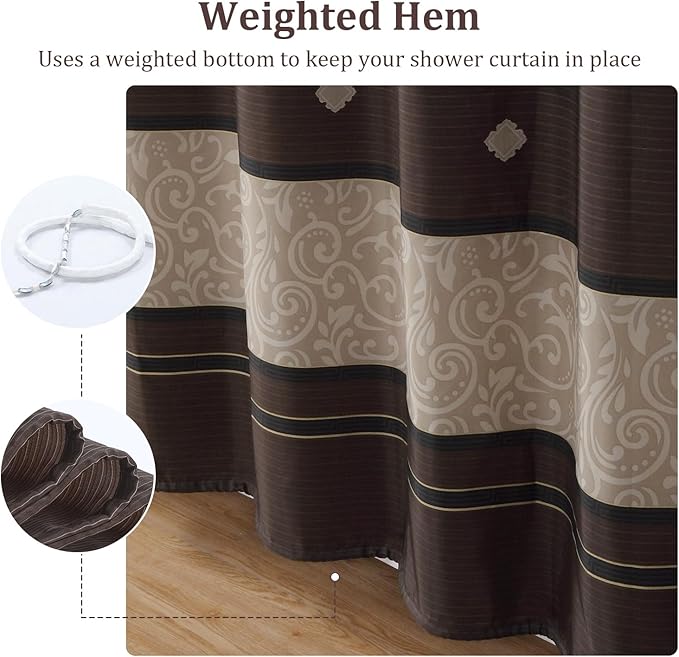 Long Fabric Shower Curtain, Brown and Beige Gold Print Pattern, Waterproof Bathroom Curtain, 72" W x 78" H