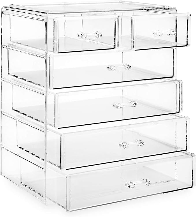 Casafield Acrylic Cosmetic Makeup Organizer & Jewelry Storage Display Case - 4 Large, 2 Small Drawer Set - Clear