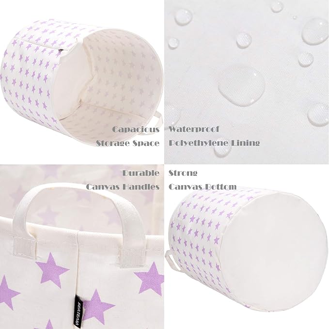 Sea Team 19.7 Inches Large Sized Waterproof Coating Ramie Cotton Fabric Folding Laundry Hamper Bucket Cylindric Burlap Canvas Storage Basket with Stylish Stars Design (19.7", Purple Star)