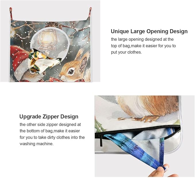 Christmas Squirrels Watercolor White Door Hanging Laundry Hamper Bag with Free Adjustable Stainless Steel Hooks Dirty Clothes Hamper Extra Large Over the Door Laundry Hamper 29.5X20inch 2Pack