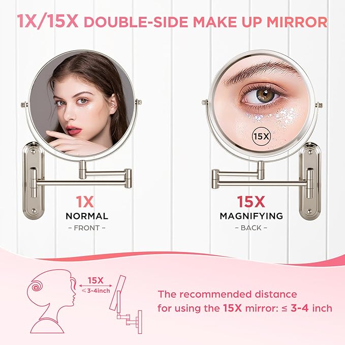 Wall Mounted Makeup Mirror, 15X/1X Double Sided Magnifying Mirror, 8.5 Inch Round, Brushed Nickel, Modern Style, Space Theme, 13" L x 11" W