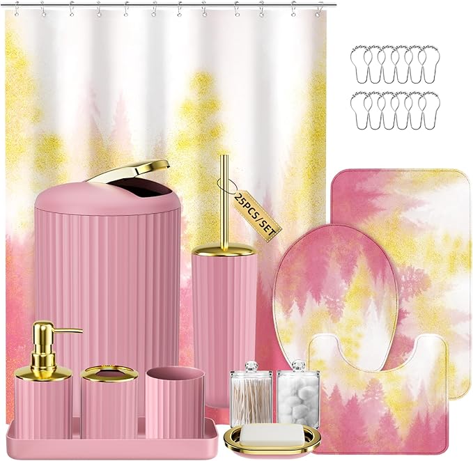 Pink and Gold Bathroom Accessories, Bathroom Sets with Shower Curtain and Rugs, Bath Rugs Accessory Set with Bathroom Trash Can, Soap Dispenser, Soap Dish for Home Decor