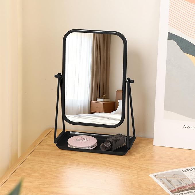 Small Mirror for Desk Table Black Metal Framed Freestanding Vanity Mirrors with Storage 360°Rotation Countertop Mirror Portable Makeup Mirrors for Dressing Bathroom Bedroom Dorm