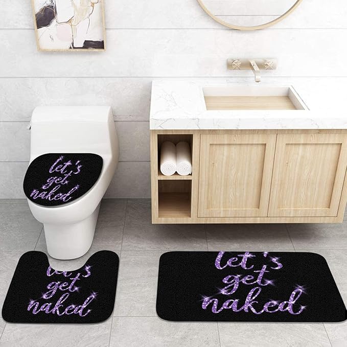 ArtSocket 4PC Purple Let's Get Naked Shower Curtain Sets Gold and Black Bathroom Decor with Rugs, Non-Slip Rug,Toilet Lid Cover, Bath Mat and 12 Hooks 72x72 inches