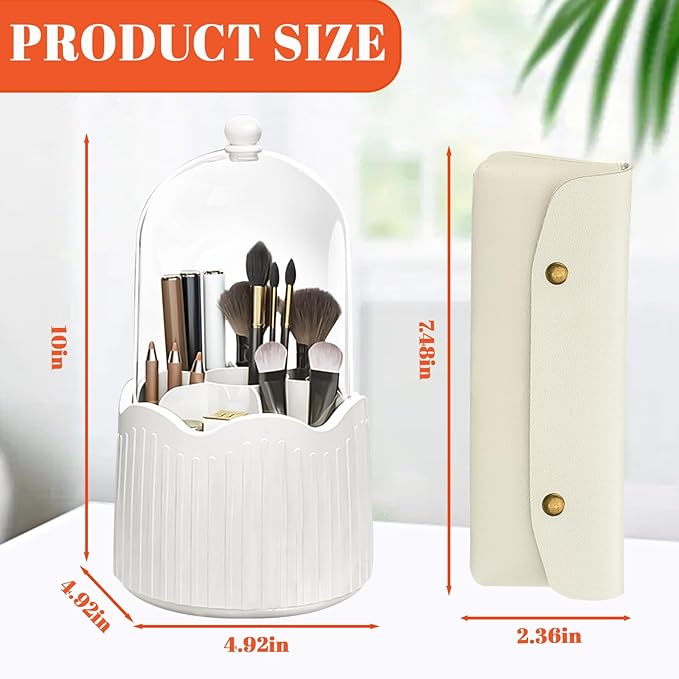 Makeup Brush Holder, 360° Rotating Makeup Organizers with Lid, Dustproof Waterproof Make Up Brush Holder Bag for Vanity Desktop Bathroom Countertop (White)