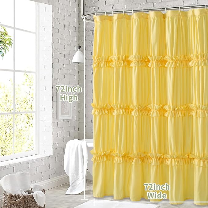 Farmhouse Ruffle Shower Curtain with Handmade Ruched, Vintage Ruffled Fabric Bathroom Curtains, Decorative Elegant Bathroom Curtain with 12 Holes, Bright Yellow, 72" W x 72" H(N60049)