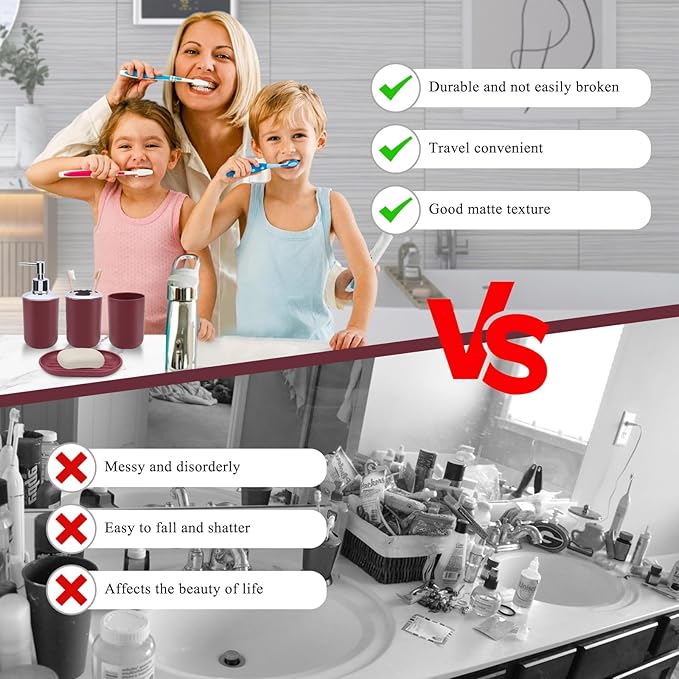 Red Bathroom Accessories Set, 4-Piece Plastic Bathroom Set with Soap Dispenser, Toothbrush Holder, Rinse Cup & Soap Dish, Bold Red Bathroom Decor for Home