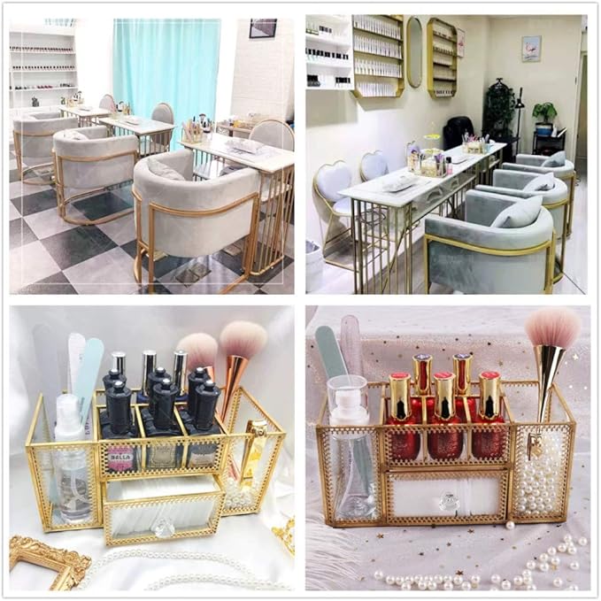 Yamfurvo Makeup Organizer Handmade Vintage Brass Frame Makeup Brush Holder Glass Makeup Brushes Storage Cosmetic Organizer Makeup Vanity Decoration Jewelry Box