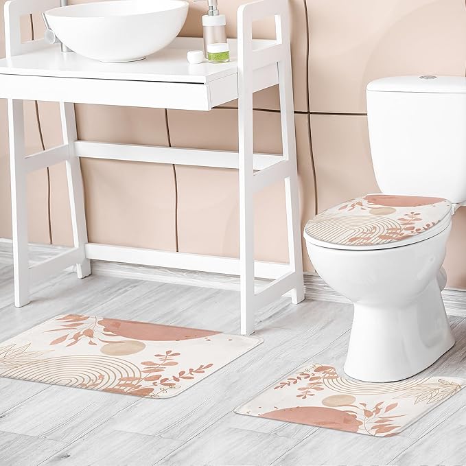 Riyidecor Boho Pink Gold 4Pcs Bathroom Shower Curtain Sets Mid Century Modern Minimalist Leaves Bathroom Decor Set with Rugs and Accessories Abstract Toilet Lid Rug, Contour and Bath Mat with 12 Hooks